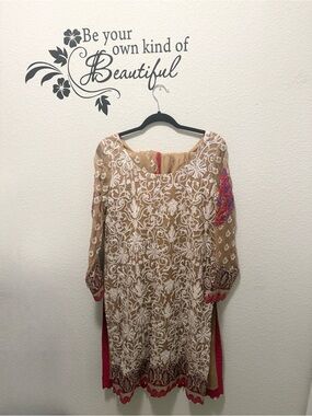 Women’s Beige Suit with Red Embroidered Motifs